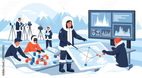 People working on large screen display.