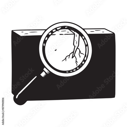 Magnifying glass revealing a crack and roots in a surface, representing detailed inspection, problem analysis, hidden issues, or growth in adverse conditions. Vector icon.