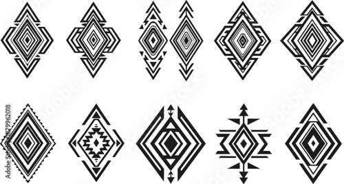 Collection of Geometric Diamond Shaped Tribal Tattoo Icons Featuring Symmetrical Black and White Ethnic Pattern Designs in Detailed Flat Vector Illustration Set.