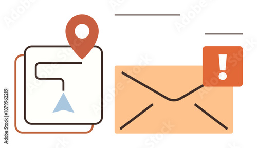Navigation, email alerts, notifications, communication, message delivery, online services. Stylized envelope with alert icon and map route with pin. Navigation and email alerts concept