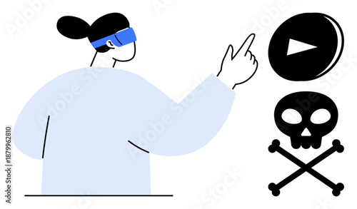Virtual reality, technology risks, cyber threats, media control, digital safety, gaming. Person using VR device pointing to play and warning symbols. Virtual reality and technology risks concept