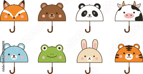 Collection of Cute Animal Themed Umbrella Icons Featuring Fox Bear Panda Cow Frog Rabbit and Tiger Faces in Detailed Flat Vector Illustration Set.