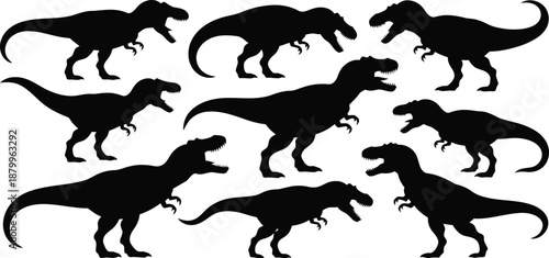Numerous black Tyrannosaurus Rex prehistoric dinosaur figures displayed on a clean white background