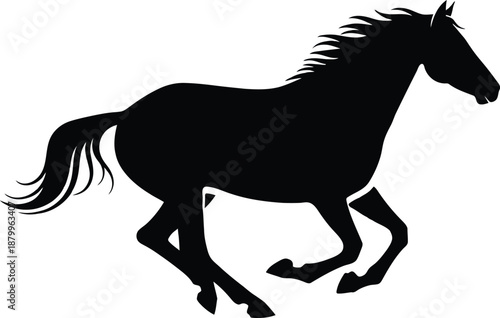 A dynamic black silhouette illustration depicting a powerful horse galloping gracefully forward
