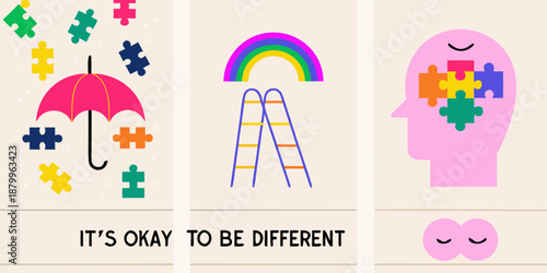 Colorful illustrations representing mental wellbeing diversity and acceptance