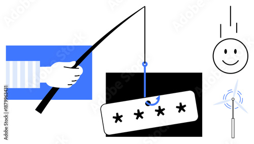 Phishing concept. Phishing with visuals of hooked passwords s cybersecurity risks. Phishing remains a major threat to online privacy and data security. Use for IT, data protection, hacking