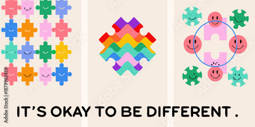 Colorful puzzle pieces forming unique shapes with a message of acceptance