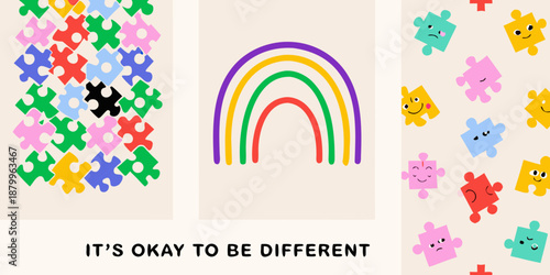 Colorful puzzle pieces a rainbow and encouraging text promote inclusivity and acceptance