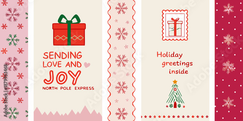 Festive holiday cards with gifts snowflakes and heartwarming messages of joy