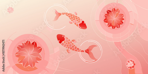 Elegant koi fish swim amidst pink lotus flowers and circular water ripples