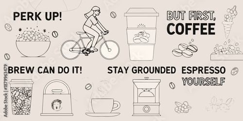 Coffee themed illustration featuring a cyclist beans and motivational phrases