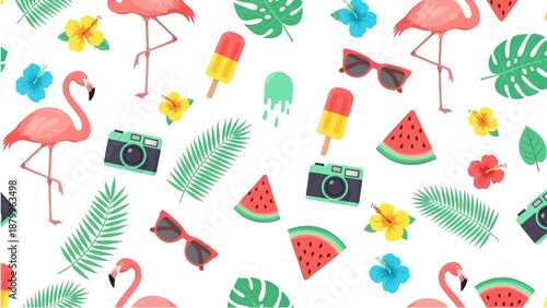 Vibrant summer seamless pattern with flamingos tropical leaves sunglasses watermelon and colorful flowers on white background for fun and festive designs handmade illustration vector