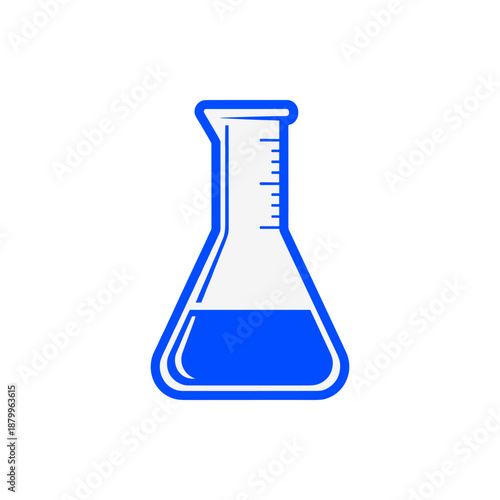 A blue laboratory flask with liquid and measurement lines, representing science and research
