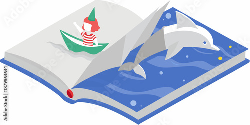 An open book with a vibrant illustration of a sailboat and leaping dolphins