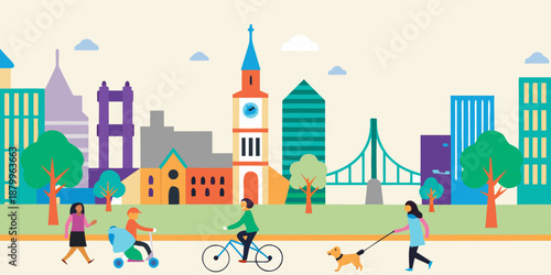 A colorful illustration of a city park with people enjoying outdoor activities