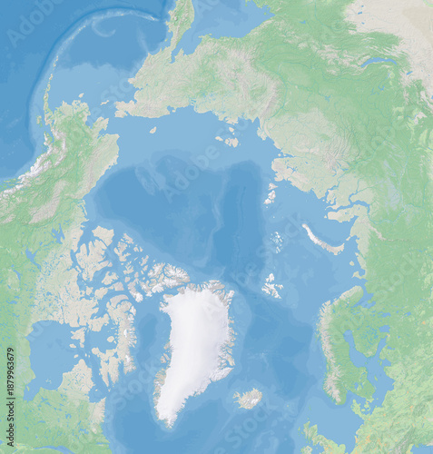 Physical map of the Arctic region centered on the North Pole, showing Greenland, North America, Eurasia, and the Arctic Ocean with topographic and bathymetric details.