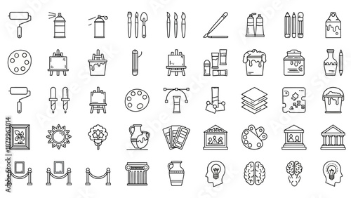 Collection of hand drawn artistic icons representing creative tools fine art and museum elements perfect for graphic design projects and visual storytelling handmade illustration vector