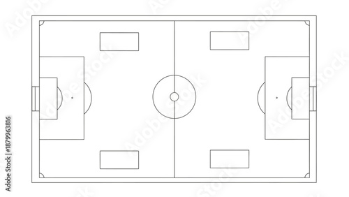 Top down schematic outline of a soccer field with clear markings for the center circle penalty areas and goal boxes representing a clean minimalist blueprint handmade illustration vector