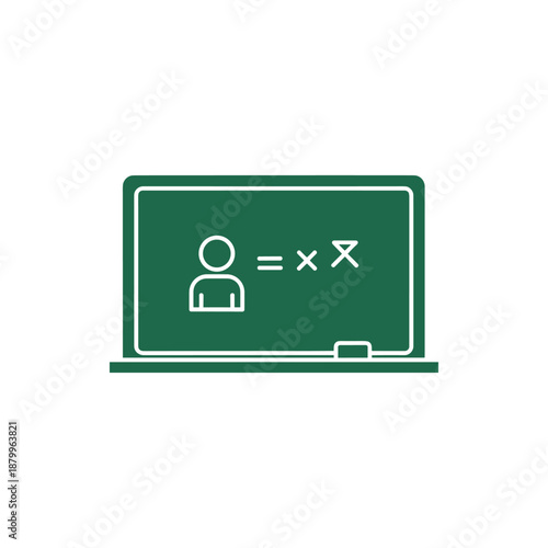 Green chalkboard with a stick figure representing a person and a mathematical equation involving variables x and x