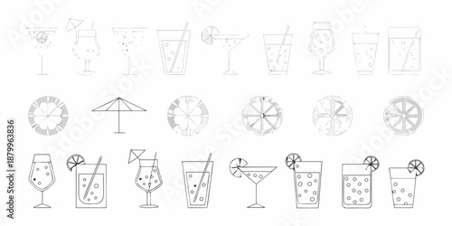 Collection of outlined cocktail glasses and citrus fruit slice illustrations