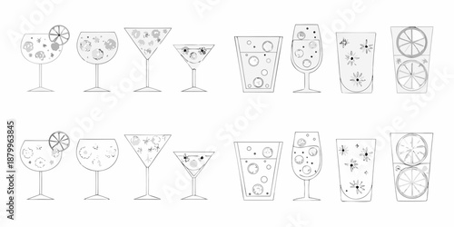 Line art illustrations of various cocktail glasses with fruit garnishes