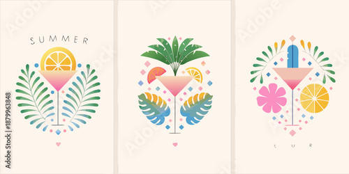 Tropical summer illustrations featuring cocktails citrus fruits and lush foliage