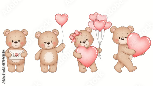 Adorable watercolor teddy bears in soft pastel pink and beige hues holding heart shaped balloons and a large heart conveying love friendship and sweet romance handmade illustration vector