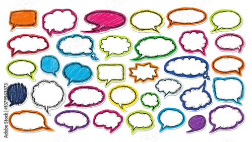 Collection of diverse empty speech bubbles and thought clouds in various shapes and vibrant colors hand drawn with a crayon like texture arranged in a scattered pattern handmade illustration vector