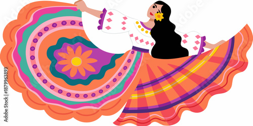 A vibrant illustration of a woman in traditional mexican folk dress dancing