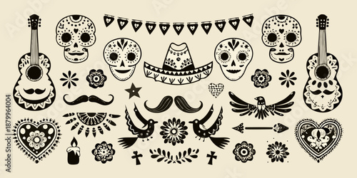 Day of the dead decorative elements skulls guitars and traditional symbols