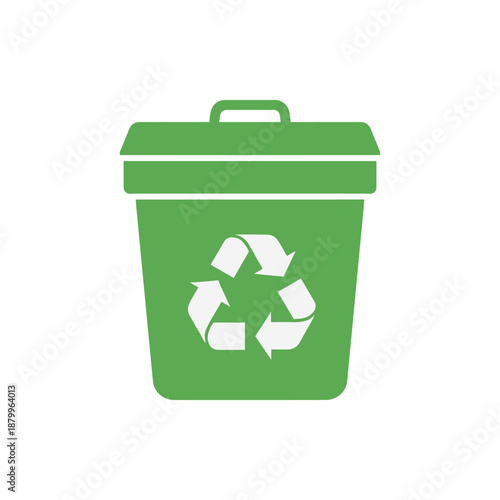 Green recycling bin with the universal recycling symbol on a white background, representing waste management and environmental sustainability