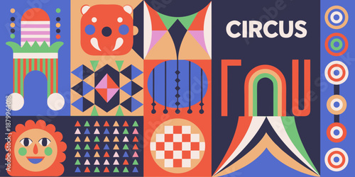 a colorful collage of circus themed shapes and patterns