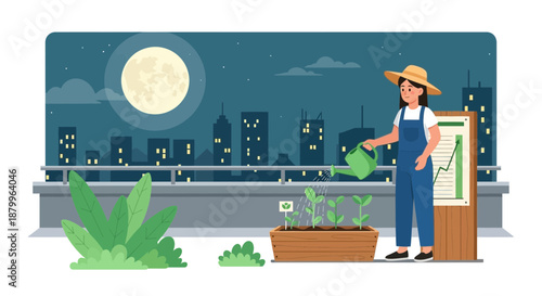 Woman wearing a straw hat watering plants.