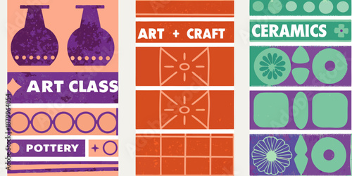 Colorful art and craft themed panels with pottery and ceramics designs