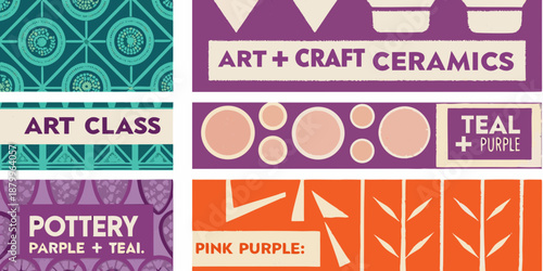 Colorful abstract patterns and typography promoting art classes and ceramics