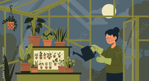 Woman watering plants in greenhouse.