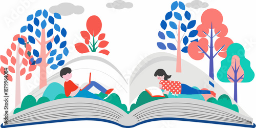 A colorful illustration of people reading within an open book landscape
