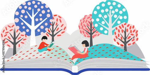 An open book transforms into a vibrant landscape with children reading
