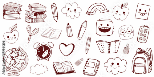 A charming collection of hand drawn school supplies and cheerful educational doodles