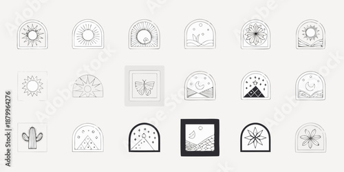 Collection of minimalist celestial and botanical line art arch designs