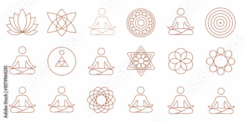 Collection of minimalist line art icons featuring meditation spirituality and geometric shapes
