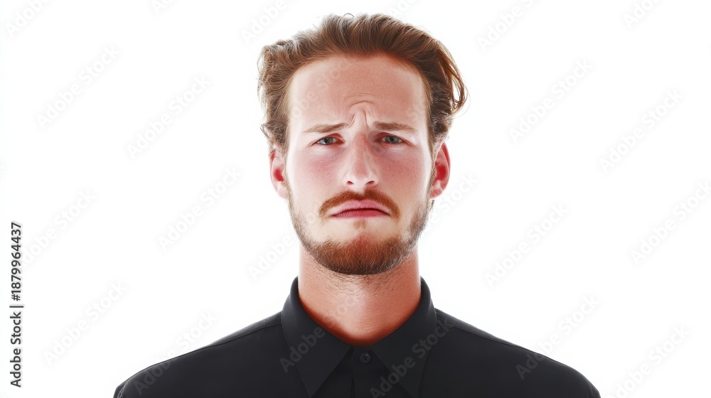 Fototapeta premium Man with neutral expression on white background, emotional detachment visible
