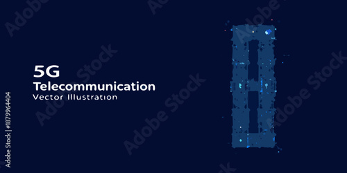 Abstract 5g telecommunication technology concept with digital particles and dark background