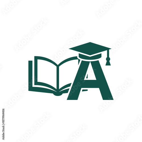 Academic Achievement and Education Symbolizing Graduation Cap on an Open Book with Letter A