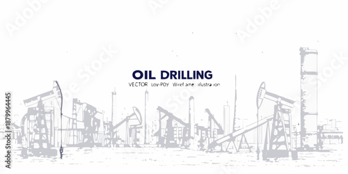 Sketch of an oil field with drilling rigs and industrial infrastructure