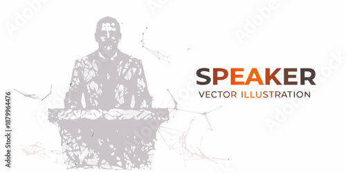 A speaker presenting at a podium with abstract lines and vector illustration