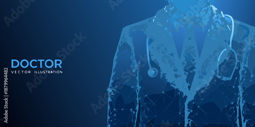 A polygonal illustration of a doctor s coat and stethoscope on a blue background