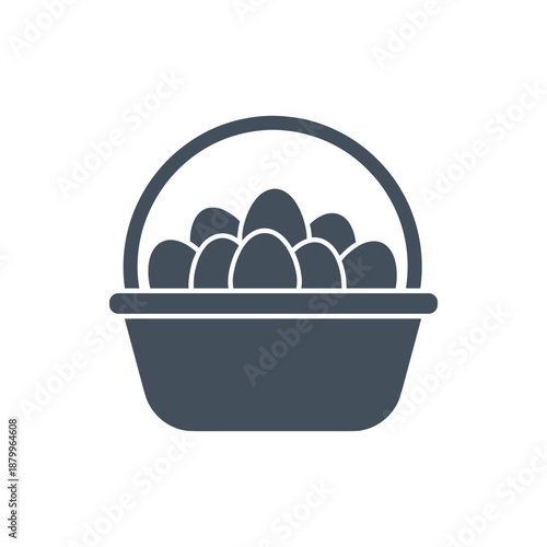 Minimalist vector icon depicting a traditional woven basket overflowing with fresh eggs, symbolizing harvest, food, and spring festivities