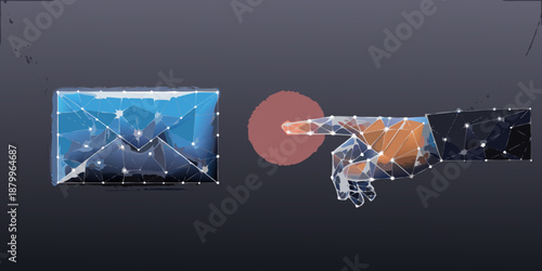 Abstract polygonal hand reaching towards a digital screen with a mountain scene