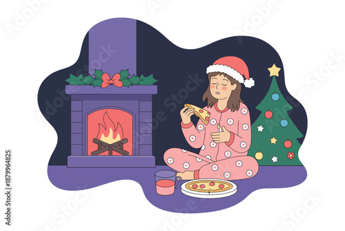 A person in pajamas enjoys pizza by a festive fireplace and Christmas tree.